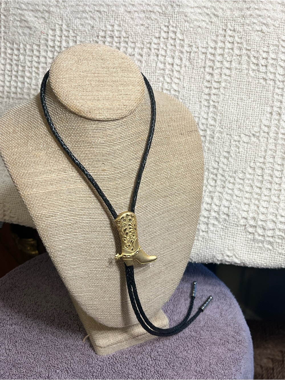 Black Leather Bolo Tie with Gold Cowboy Boot Slide